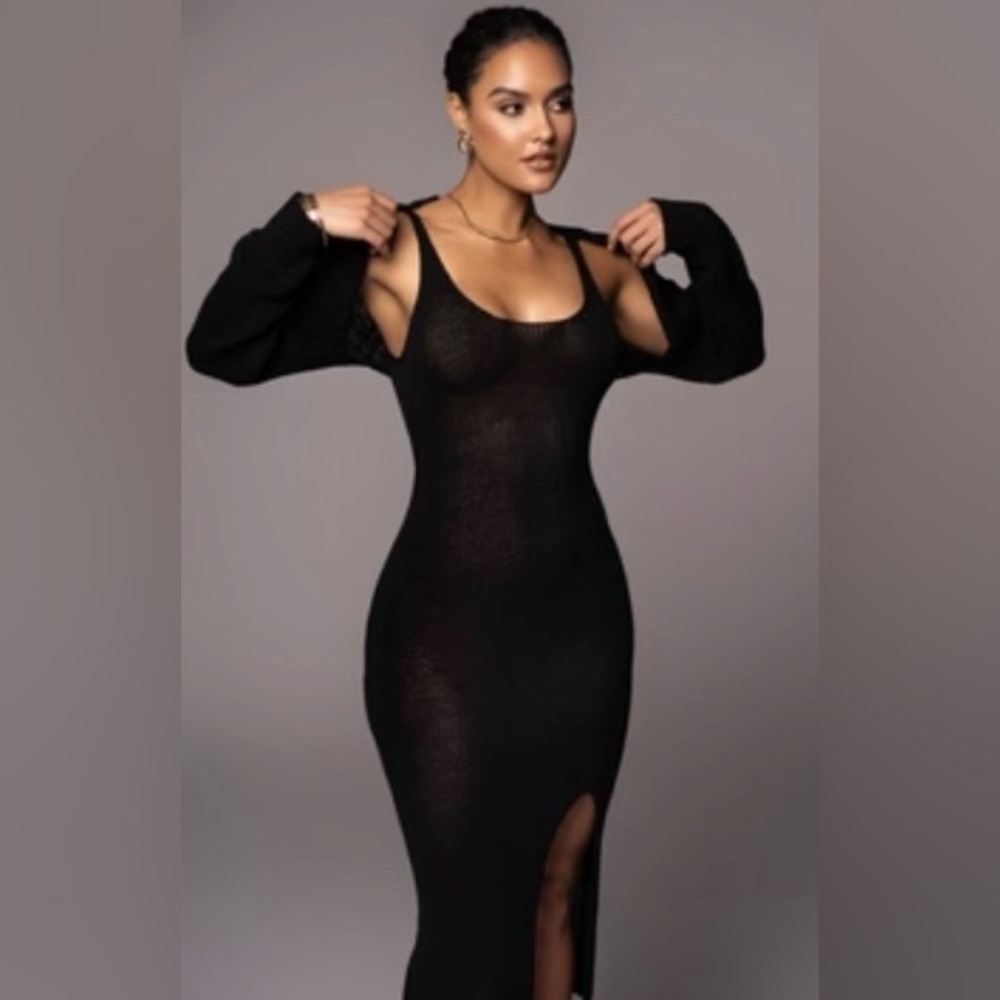 JLUXLABEL Black Crochet Maxi Dress Scoop Sleeveless w cropped crochet jacket